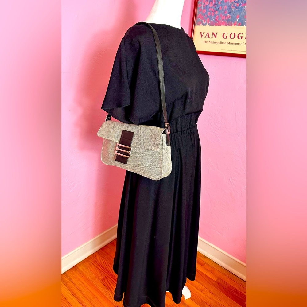 XXI Secolo blk leather & gray canvas shoulder bag-very good condition-vtge-Italy - Picture 2 of 9